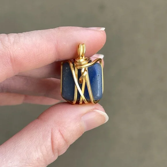 Dumortierite Blue Quartz Gold Tone Wire Wrap Pendant - Picture 7 of 8
